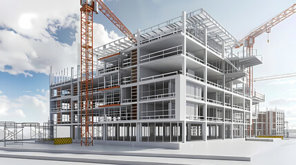 Urban Development:  A gleaming steel-framed skyscraper under construction, reaching towards the clouds, embodies modern architecture and urban renewal.