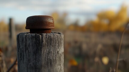 Aged Metal Insulator on Wooden Pole: Close-Up of Rust-Resistant Texture with Blurred Background