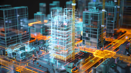 Futuristic Cityscape: A digital rendering of a futuristic city with interconnected buildings and intricate networks of lines, showcasing the potential of urban development and technology.