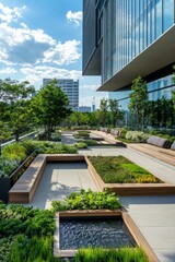 Corporate building with a rooftop garden featuring sustainable water features and relaxing spaces, designed to foster environmental sustainability and wellness in the workplace