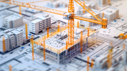 Obraz premium Construction Site Blueprint: A detailed 3D rendering of an urban construction site, showing a high-rise building under construction amidst a sprawling city plan.