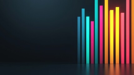 Obraz premium A vibrant, digital bar graph with colorful vertical bars against a dark background, representing data visualization and analytics.