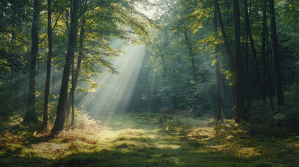 Obraz premium serene forest scene with sunlight streaming through trees, creating tranquil atmosphere