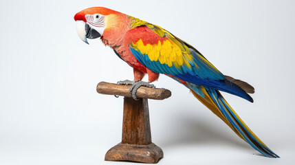 Obraz premium vibrant parrot perched wooden stand, showcasing its colorful feathers. This stunning bird displays mix of red, yellow, and blue hues