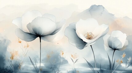 A minimalist wall mural artwork of white flower, ideal for interior design, home decor, spring themed designs, greeting cards, and nature inspired graphics.