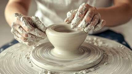 Fototapeta premium Creating pottery on wheel, hands covered in clay, showcasing craftsmanship and creativity