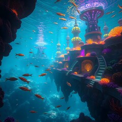 A surreal underwater city glowing with bioluminescent coral and schools of shimmering, ethereal fish swimming through the structures.