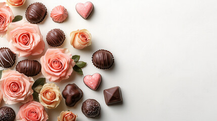 Beautiful arrangement of pink roses and assorted chocolates for romantic occasion