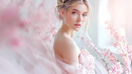 Blushing Bride: Dreamy Portrait of a Blonde Woman in Pink