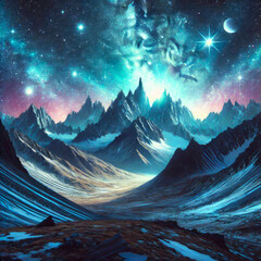 Fantastic mountain landscape. Sharp mountain peaks against the starry sky