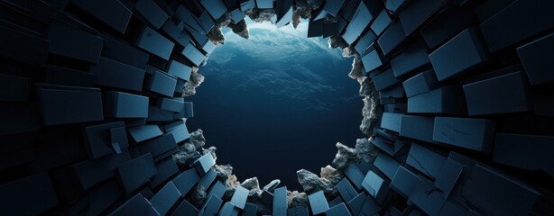A circular opening reveals a deep blue ocean, surrounded by textured, dark blocks, creating a striking contrast between the underwater world and the structure.