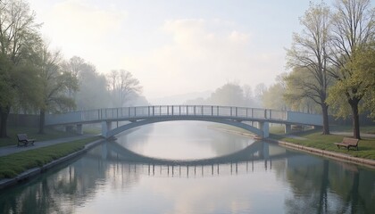 Curved Pedestrian Bridge with Minimalist Design Stretching Across a Tranquil River, Riverside Walkway with Park Benches