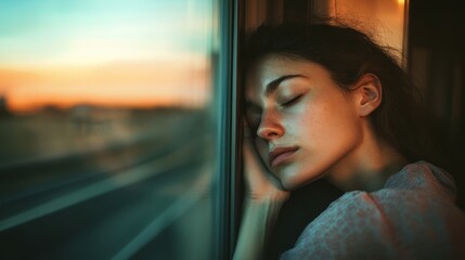 Young woman resting on train window during sunset, peaceful moment capturing travel and solitude