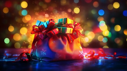 Colorful Christmas bag glowing brightly filled with stunning presents and ribbons