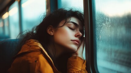 Young woman resting by window on train during rainy day, feeling melancholic and reflective in soft natural light