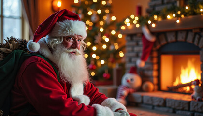 Santa Claus sitting beside a cozy fireplace with a Christmas tree and decorations