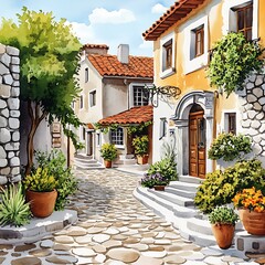 Charming Watercolor Set of Quaint European Streets with Beautiful Plant Life and Cozy Architecture in Warm, Inviting Colors