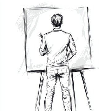 man sketching on easel, black and white clip art preview