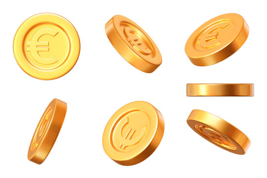 3D set of gold coins with the euro sign at different angles. The currency of the European Union. Stock vector illustration on an isolated background.