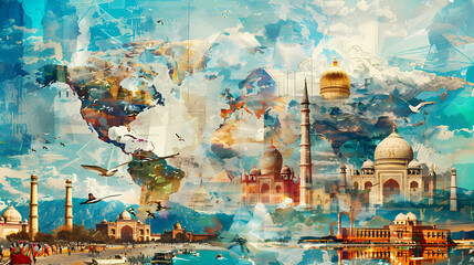 Global Tapestry: A vibrant abstract painting depicting a world map interwoven with iconic landmarks, symbolizing global interconnectedness and cultural exchange. 