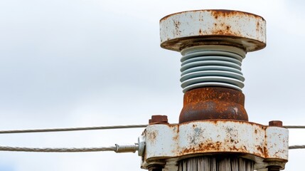 Aged Metal Insulator on Wooden Pole: Close-Up of Rust-Resistant Texture with Blurred Background