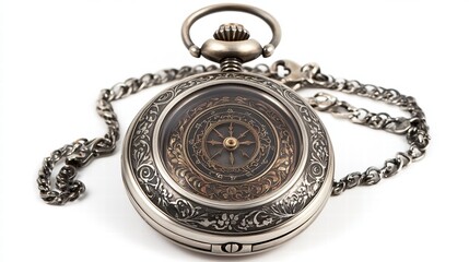 One pocket watch with a chain, elegantly isolated on a white background.