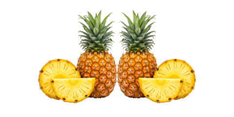 Fresh Pineapple Slices and Whole Fruit on White Background
