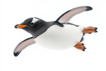 Studio photo of a flying penguin isolated against a white background. Wildlife and conservation concept, space for copy.