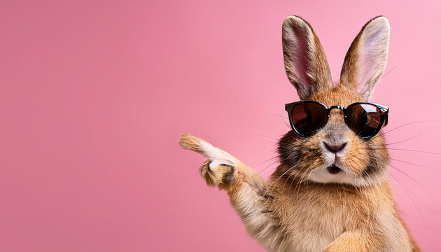 easter bunny with sunglasses pointed to copy space, isolated on pink background
