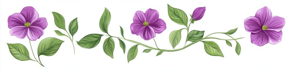 A set of purple flowers with green leaves in vector illustration on white.