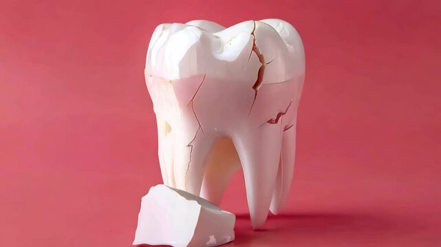 Cracked tooth with falling chipped piece on pink background revealing damage