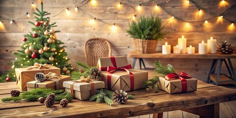 Obraz premium Rustic Christmas scene with presents and evergreen boughs on a wooden table near a decorated tree and lit candles
