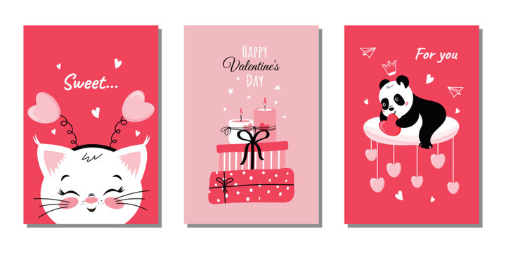 Fototapeta A set of templates for invitation cards for a party, Valentine's Day, birthday with a cute kitten, a funny panda, gifts, candles and inscriptions. Vector design.