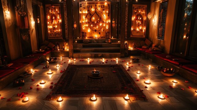 An ancient Indian setting with ornate decor, symbolizing Kama Sutra practices and teachings