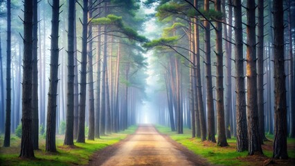 Naklejka premium Misty Path Through a Serene Pine Forest on a Calm Morning