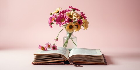 A bouquet of pink and yellow flowers in a glass vase rests on an open book against a soft pink background.