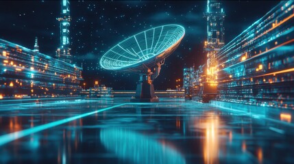 Futuristic Satellite Dish in High-Tech Cityscape at Night