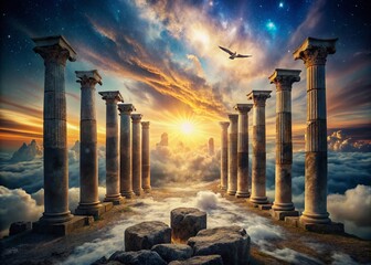 Fototapeta premium Double Exposure Pillars Row Surreal Photography, Mystical Architecture, Dreamlike Landscape, Abstract Art, Fantasy Scene