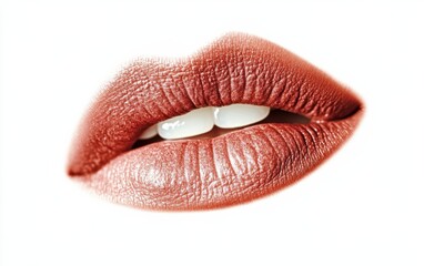 Fototapeta premium Close up view of human lips during permanent makeup lip procedure, white background