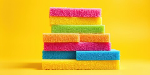 A vibrant stack of colorful cleaning sponges arranged in a pyramid shape against a sunny yellow background.