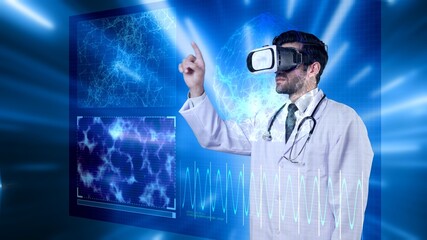 Skilled medical worker checking at brain hologram by wearing VR headset. Professional doctor...