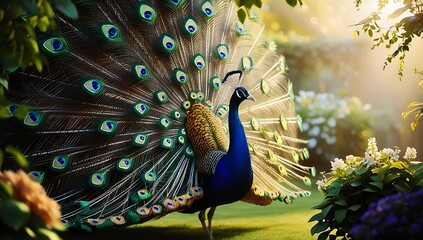 Obraz premium Majestic Peacock Displays Vibrant Tail Feathers In Garden