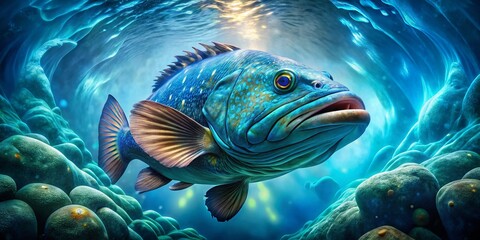Fototapeta premium Double Exposure Underwater Photography: Majestic Big Blue Grouper Fish