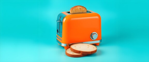 A vibrant orange toaster with a slice of bread peeking out, set against a bright turquoise background.