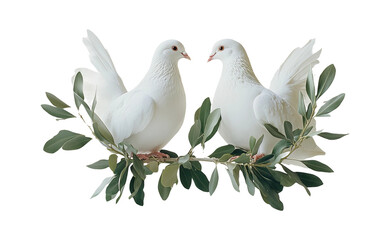 Obraz premium White Doves with Green Leaves on Transparent Background
