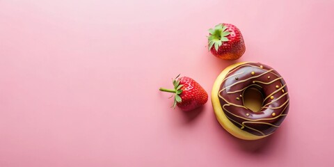 A delicious chocolate donut with two ripe strawberries on a pink background