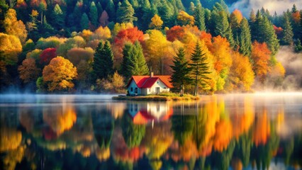 Naklejka premium Serene Autumn Lake House Reflection in Vibrant Foliage