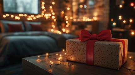 Wrapped gift with red bow and glowing string lights on rustic table in cozy bedroom. Romantic celebration, festive ambiance, Valentine’s Day, intimate evening setting