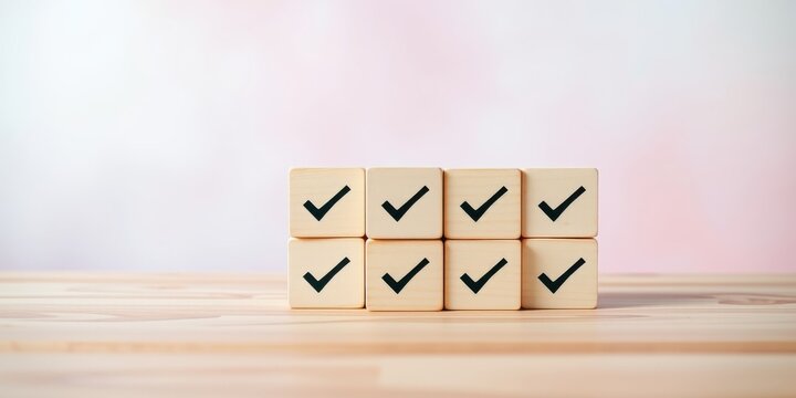 Wooden blocks with checkmarks symbolizing completed tasks and goals
