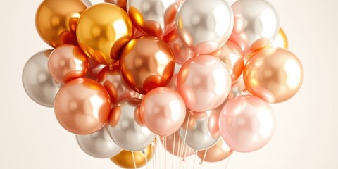 A cluster of metallic balloons in shades of rose gold, champagne, and silver, perfect for celebrations and festive events